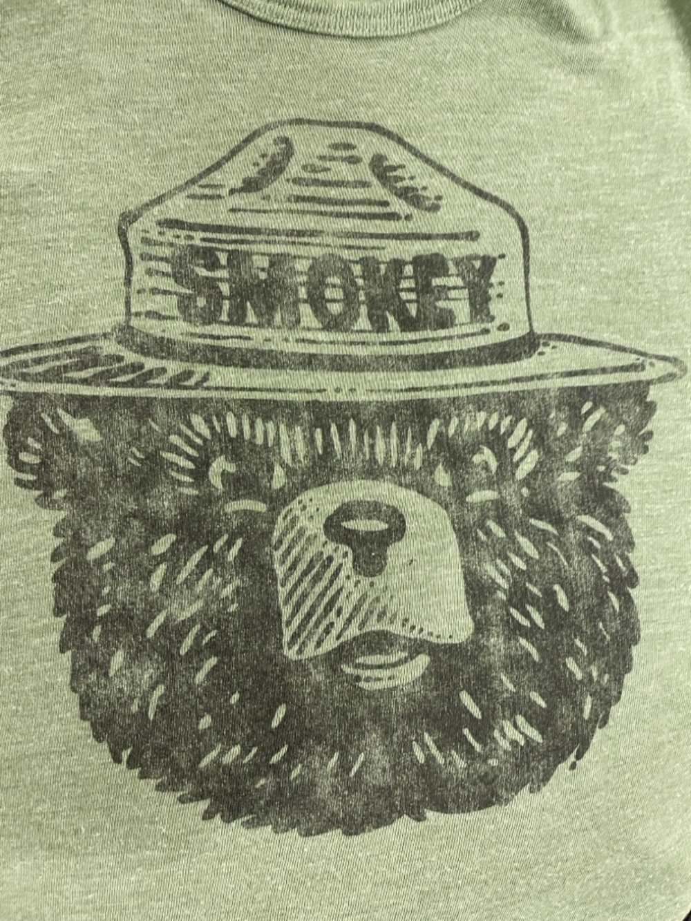 Mighty Fine Smokey Bear Graphic Tank Top in Light Green and Black Print